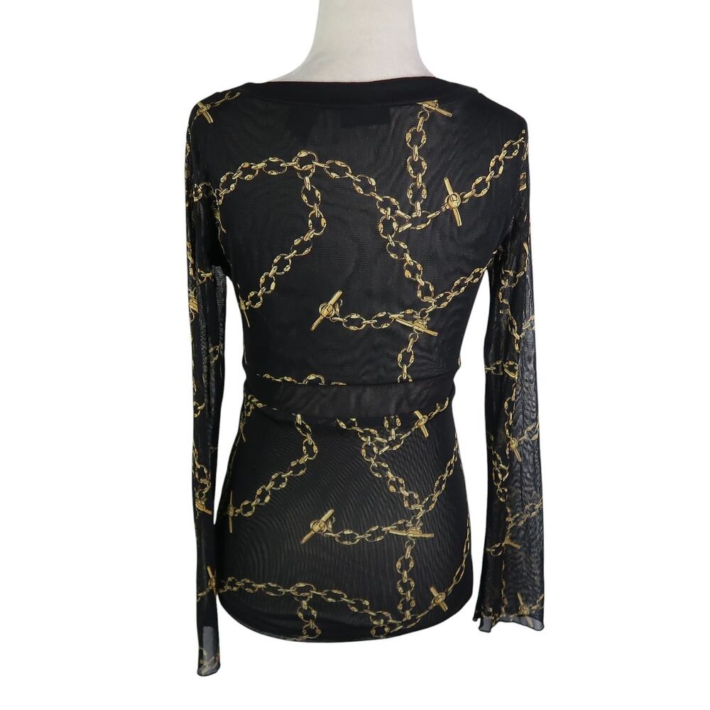Vintage Y2K New York & Company Black Mesh Top Gold Chain Print S - Picture 4 of 5